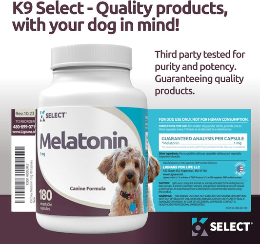 K9 Select Melatonin For Dogs, 1 Mg - 180 Vegetable Capsules - Dog Melatonin For Small Breeds - Gentle Well-Being Enhancer - Healthy, Tasty Dog Treats That Helps Overall Health