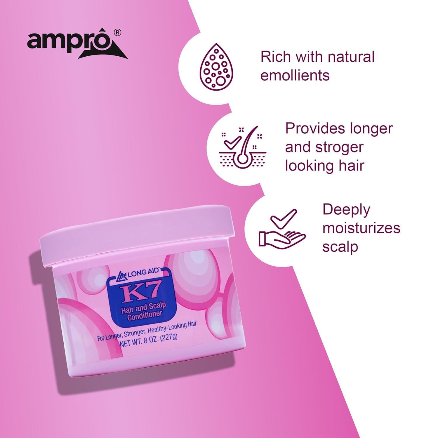 Long Aid Ampro Long-Aid K7 Hair And Scalp Conditioner - Rich With Natural Emollients - Provides Stronger Hair And Scalp For All Hair Textures - Protects Against Humidity And Nature - 8 Oz : Beauty & Personal Care