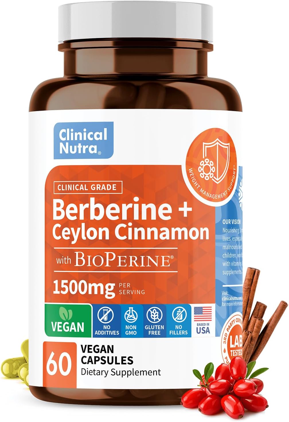 Clinical Grade Berberine Supplement 1500mg HCL Plus Ceylon Cinnamon Weight Management - 4X Strength with Bioperine - 60 Vegan Capsules