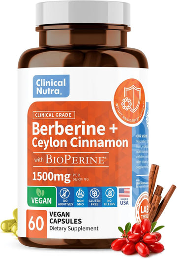 Clinical Grade Berberine Supplement 1500mg HCL Plus Ceylon Cinnamon Weight Management - 4X Strength with Bioperine - 60 Vegan Capsules