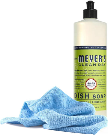 Black Swan Distributors - Mrs Meyer's Lemon Verbena Dish Soap (16 fl oz) & Non-Abrasive, Washable Microfiber Cleaning Cloth (15x15 in) - Household Essentials Kit