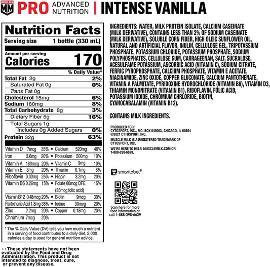 Muscle Milk Pro Advanced Nutrition Protein Shake, Intense Vanilla, 11.16 Fl Oz (Pack Of 12), 32G Protein, 1G Sugar, 16 Vitamins & Minerals, 5G Fiber, Workout Recovery, Energizing Snack, Packaging May Vary