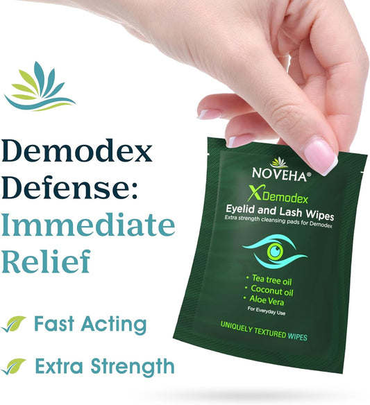 Noveha Demodex Eyelid & Lash Wipes | Box Of 60 Individually Wrapped Extra Strength Cleansing Eyelash Wipes - Battles Irritated Eyes - Naturally Remove Debris (Pack Of 2)