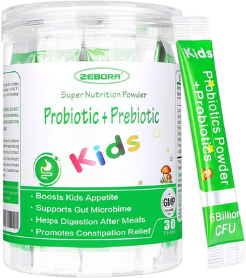 Zebora Kids Probiotic & Prebiotics Powder Age 3+ Support Children'S Digestive & Immune System With Natural Source, Promotes Constipation Relief, Non-Gmo, Gluten-Free, 30 Packets With 5 Billion Cfus