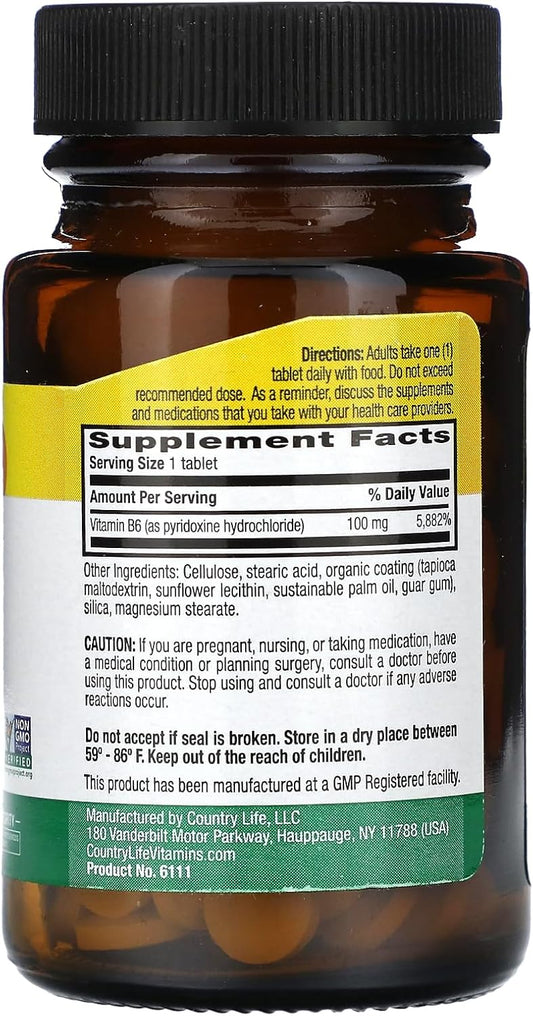 Country Life Vitamin B-6, Supports Energy And The Nervous System, 100Mg, 100 Vegan Capsules, Certified Gluten Free, Certified Vegan, Certified Halal, Non-Gmo Verified…