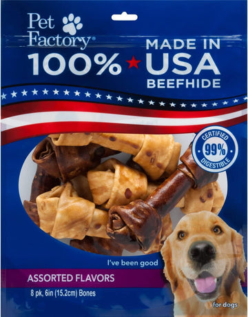 Pet Factory 100% Made In Usa Beefhide 6-7" Knotted Bones Dog Chew Treats - Beef & Chicken Flavor, 8 Count/1 Pack