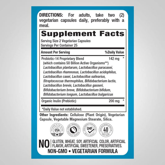 Piping Rock Probiotic Multi Enzyme | 50 Capsules | 142mg | with Prebiotics | Digestive Formula for Men and Women | 14 Strains | 50 Billion Active Organisms | Non-GMO & Gluten Free Supplement