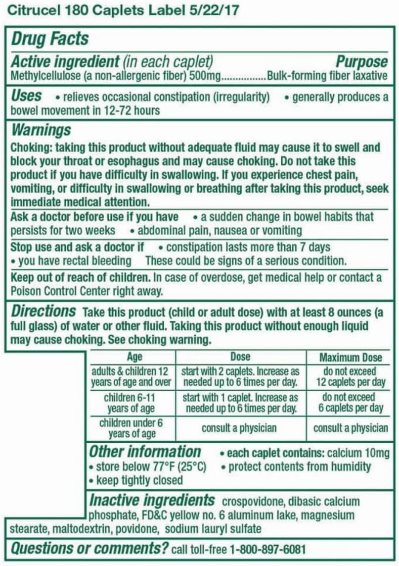 Citrucel Methylcellulose Fiber Therapy For Regularity, Fiber Caplets, 180-Count Bottle