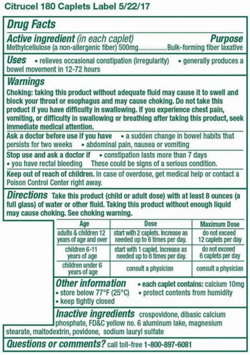 Citrucel Methylcellulose Fiber Therapy For Regularity, Fiber Caplets, 180-Count Bottle