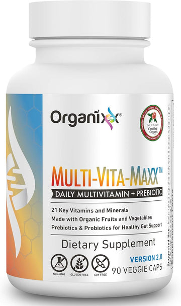 Organixx Vegan Multivitamin For Women & Men, Prebiotic With Vitamin C, D3, Vitamin B Complex, Probiotics, Organic Fruits And Vegetables, Supports Digestive, Gut Health, Immune Support, 90 Gel Capsules