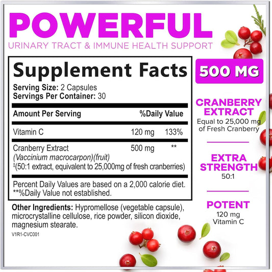 Cranberry Supplement 25,000Mg Formula + Vitamin C – Urinary Tract Health Support For Women & Men, 50:1 Whole Fruit Cranberry Extract Pills For Women, Sugar-Free, Non-Gmo, Gluten-Free - 60 Capsules
