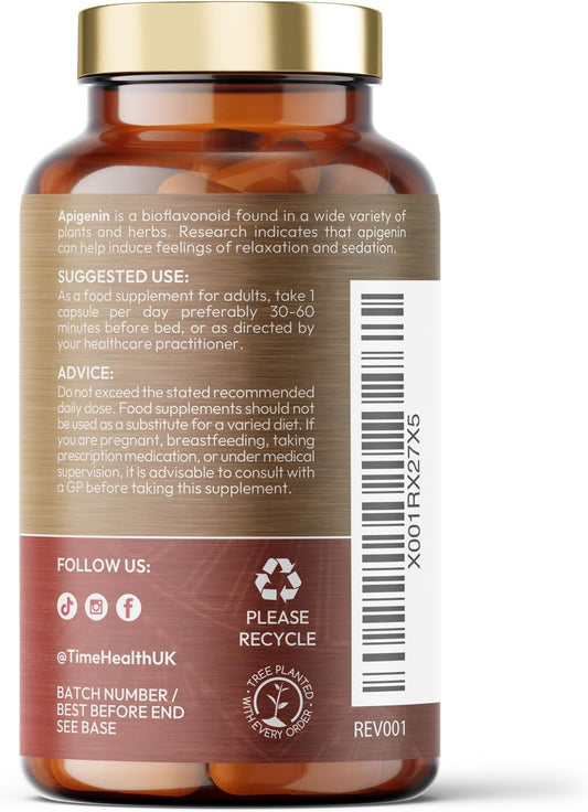 Apigenin - 50Mg X 120 Capsules - 98%+ Purity - Optimal Dose For Sleep & Relaxation Support - Nad+ Booster - Grapefruit Source - Uk Made - Gmp Standards - Zero Additives (120 Count (Pack Of 1))