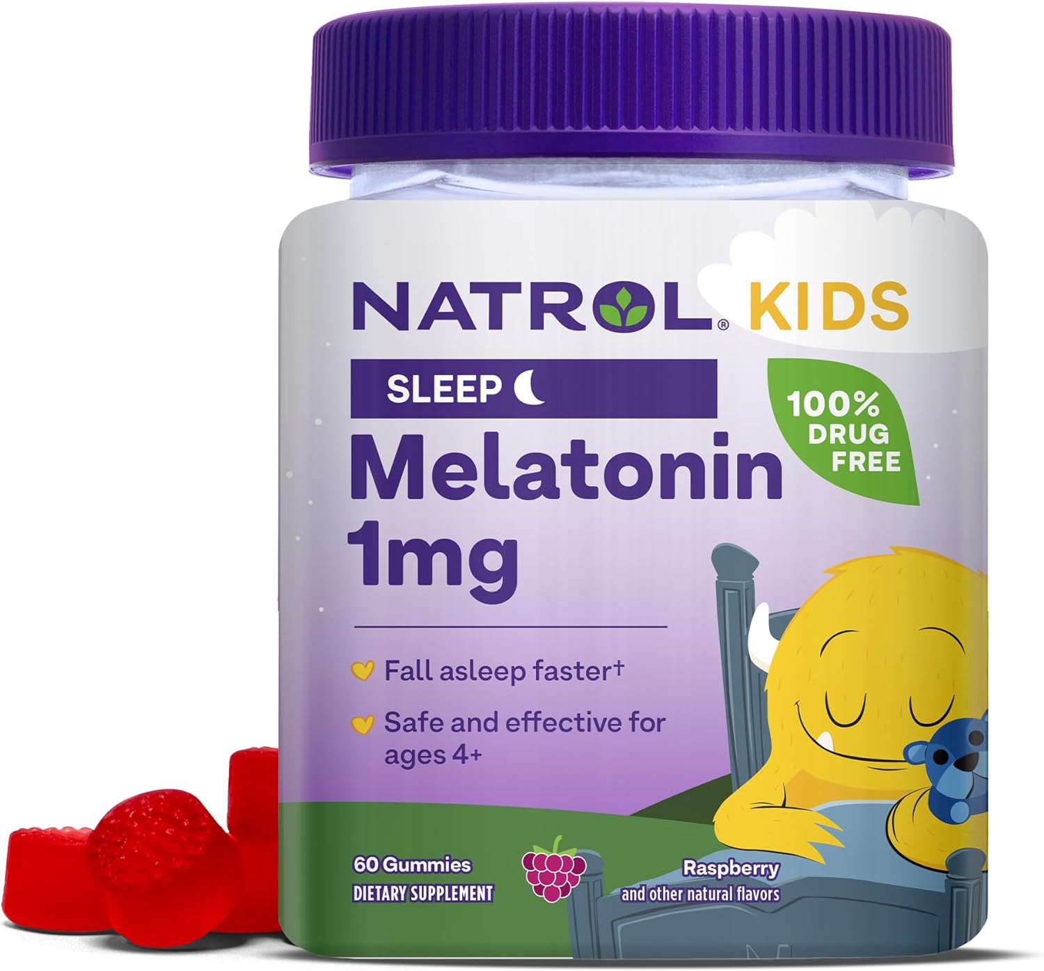 Natrol Kids Melatonin 1mg, Supplement for Restful Sleep, Sleep Gummies for Children, 60 Raspberry-Flavored Melatonin Gummies, 60 Day Supply