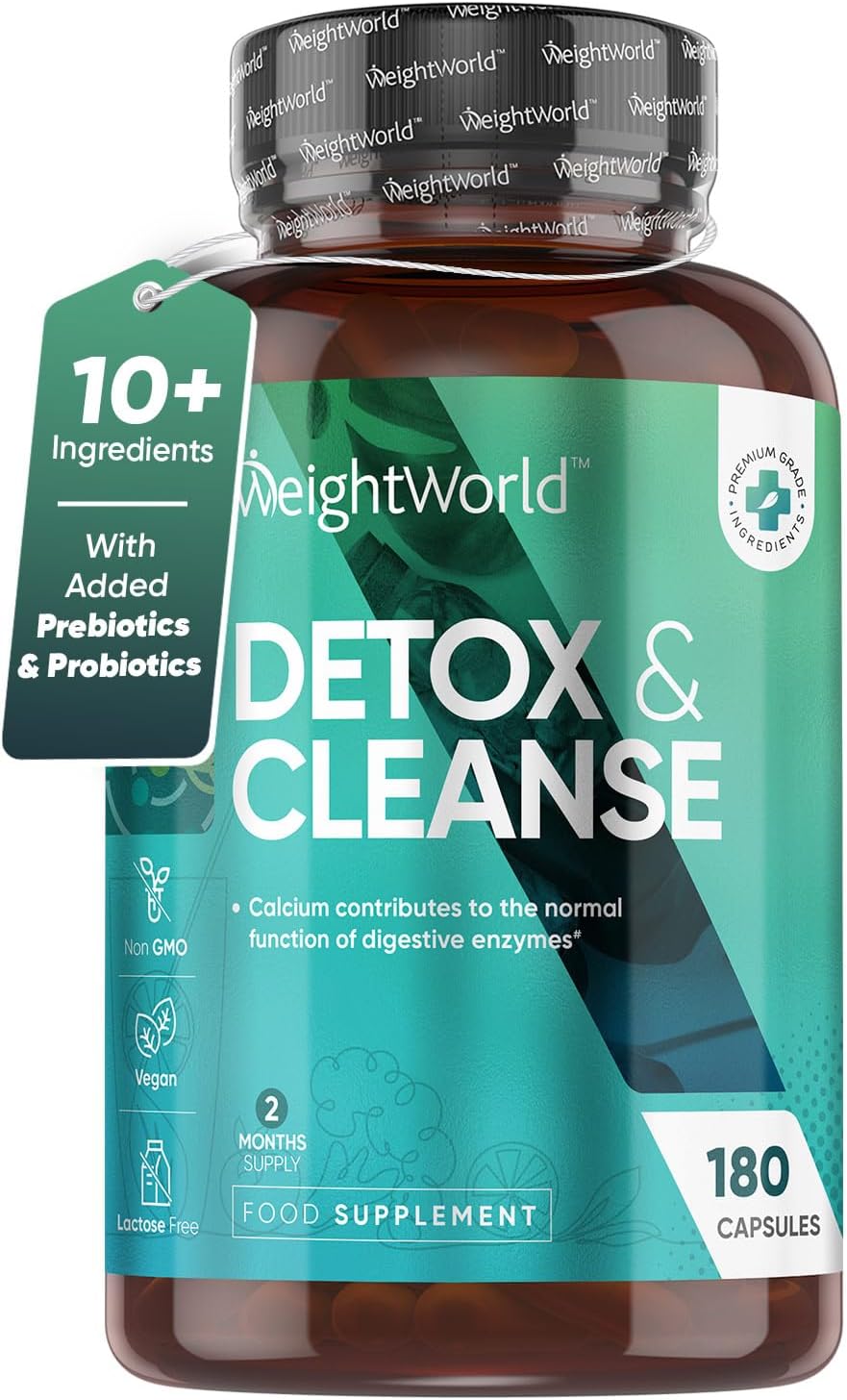 Weightworld Detox & Cleanse - 180 Capsules - 2 Months Supply - High Strength & Vegan Detox & Cleanse Supplements - Prebiotics & Probiotic Complex - Colon Cleanse Tablets Alternative
