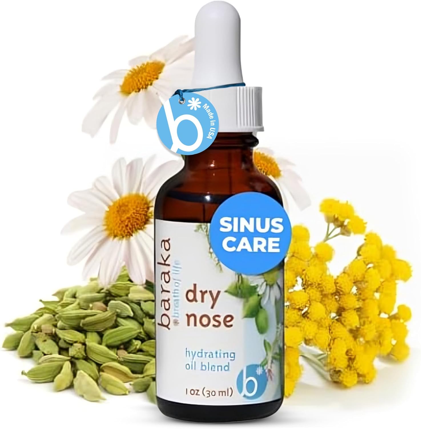 Dry Nose Nasal Moisturizer - Organic Essential Oils (Cardamom, Everlast, German & Roman Chamomile) In Sesame Oil Base - Hydrating Sinuses & Dry Nose - (1 Oz Dropper Bottle)
