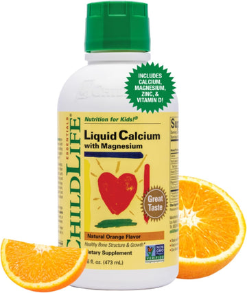 CHILDLIFE ESSENTIALS Liquid Calcium Magnesium Supplement - Supports Healthy Bone Growth for Children, Vitamin D3 & Zinc, All-Natural, Gluten Free & Non-GMO - Natural Orange Flavor, 16 Fl Oz Bottle