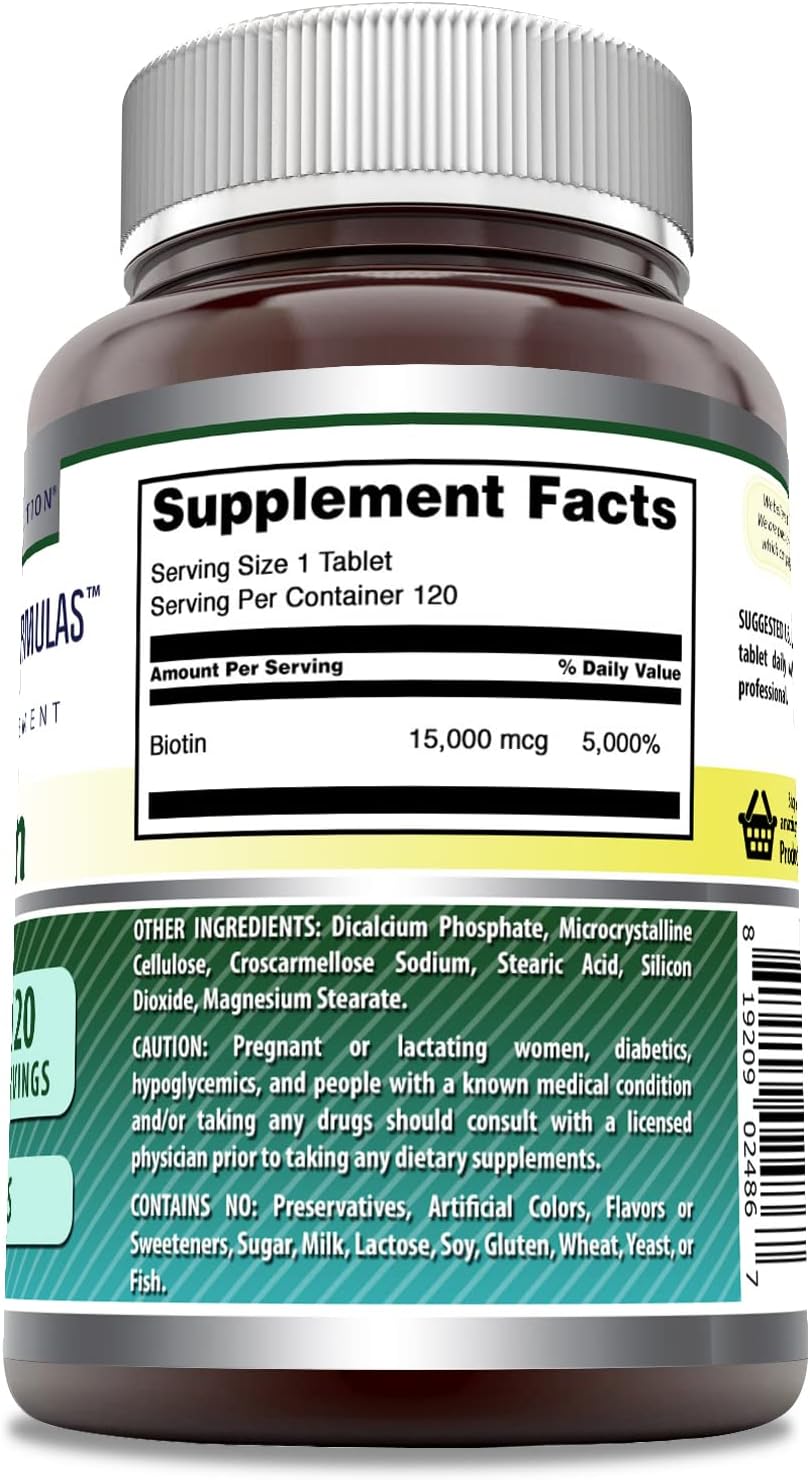 Amazing Formulas Biotin 15000mcg 120 Tablets Supplement | Non-GMO | Gluten Free | Made in USA