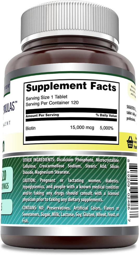 Amazing Formulas Biotin 15000mcg 120 Tablets Supplement | Non-GMO | Gluten Free | Made in USA