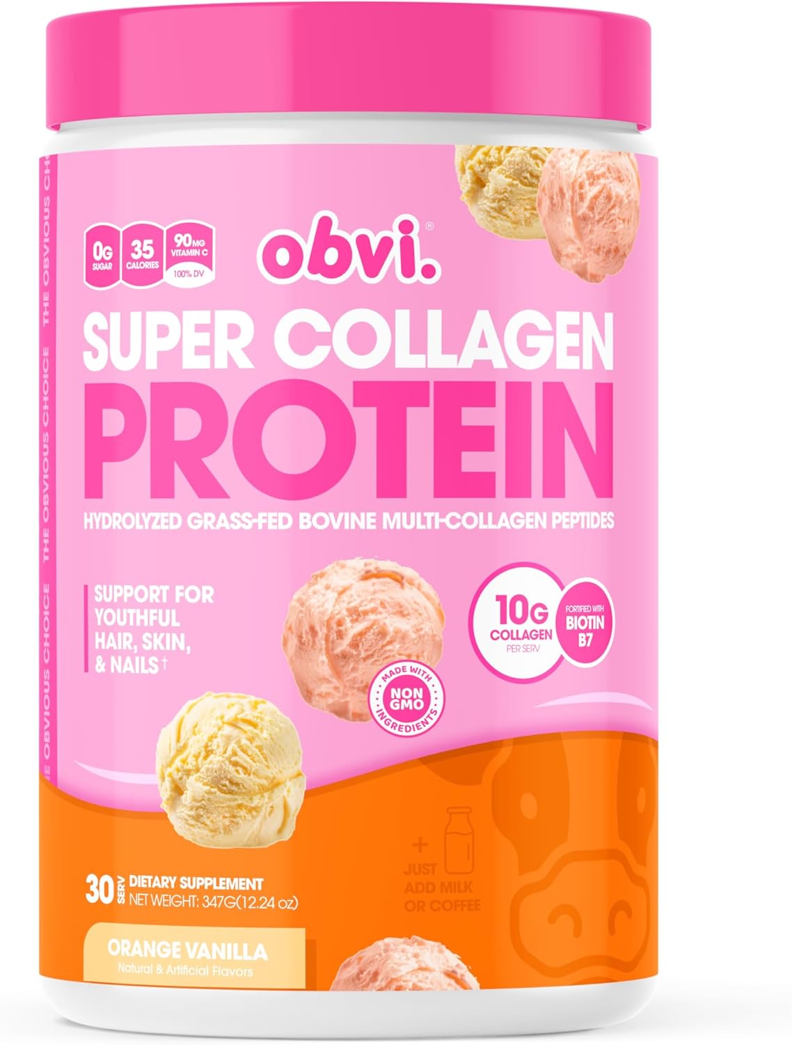 Obvi Collagen Peptides Protein Powder | Supports Gut Health, Healthy Hair, Skin, Nails With Biotin & Vitamins | Hydrolyzed Grass-Fed Bovine | No Sugar, Gluten-Free | 30 Servings, Orange Vanilla