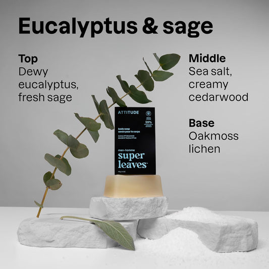 Attitude Bar Soap Body Wash For Men, For Body And Hands, 99% Natural Origin Ingredients With Avocado Oil, Ewg Verified, Eucalyptus & Sage, 4 Oz