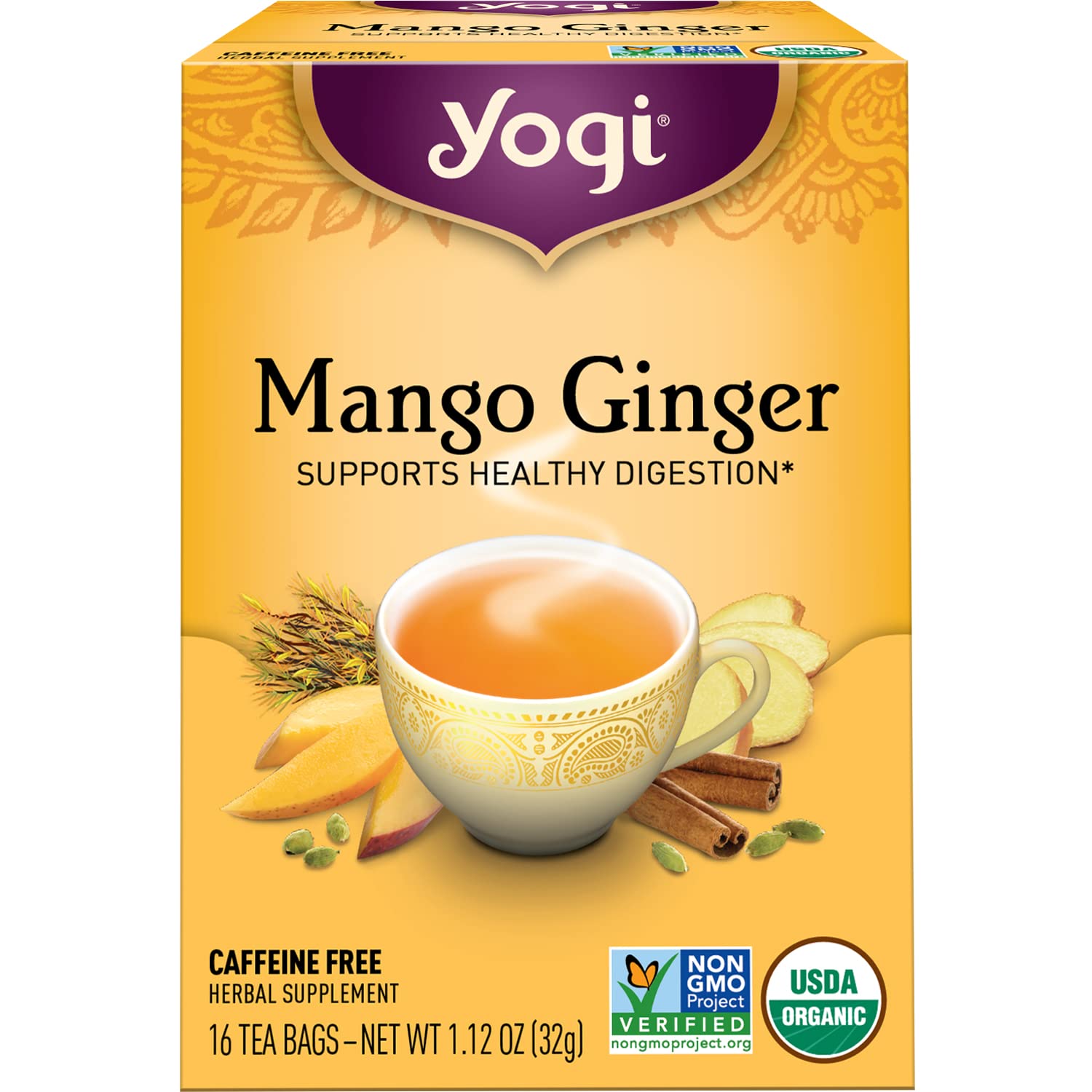 Yogi Tea Mango Ginger Tea - 16 Tea Bags Per Pack (6 Packs) - Organic Ginger Root Tea To Support Healthy Digestion - Contains Antioxidants - Includes Cinnamon Bark, Rooibos Leaf, Mango Flavor & More