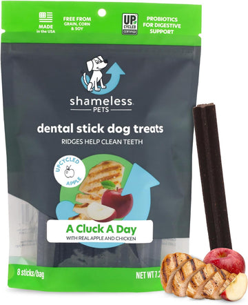 Shameless Pets Dental Treats for Dogs, A Cluck A Day - Healthy Dental Sticks with Digestive Support for Teeth Cleaning & Fresh Breath - Dog Bones Dental Chews Free from Grain, Corn & Soy