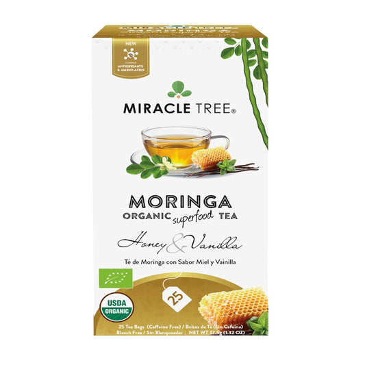 Miracle Tree - Organic Moringa Superfood Tea, 25 Individually Sealed Tea Bags, Honey & Vanilla (Keto, Detox, Energy/Immunity Booster, Vegan, Gluten-Free, Organic, Non-GMO, Caffeine-Free)