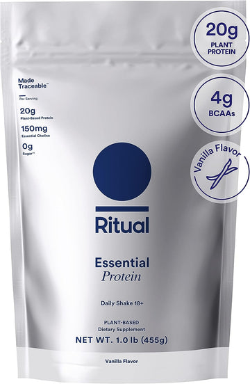 Ritual 18+ Vegan Protein Powder with BCAA: 20g Organic Pea Protein from Regenerative Farms in USA, Gluten Free, Plant Based, Sugar Free, Dairy Free, Hand-Crafted Vanilla, 1 Pound