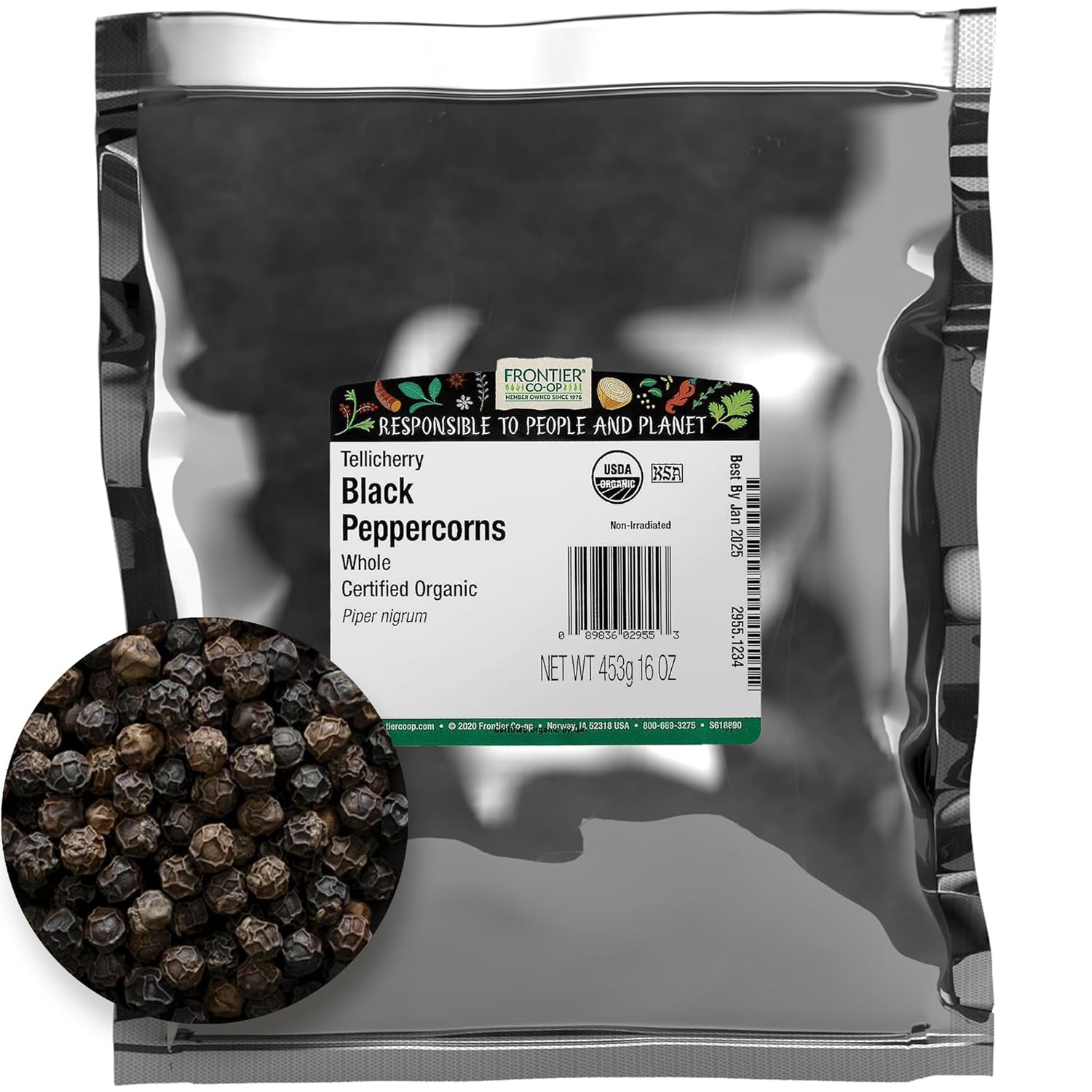 Frontier Co-Op Organic Tellicherry Whole Black Peppercorns 1Lb - Black Pepper For Grinder Refill, Wholesale Restaurant Supply