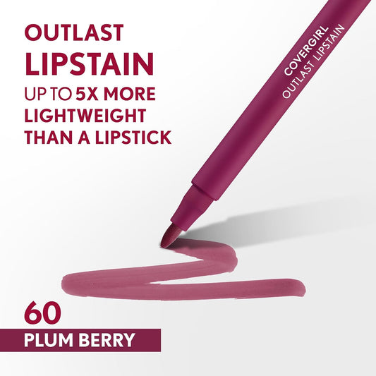 Covergirl Outlast, 60 Plum Berry, Lipstain, Smooth Application, Precise Pen-Like Tip, Transfer-Proof, Satin Stained Finish, Vegan Formula, 0.06Oz