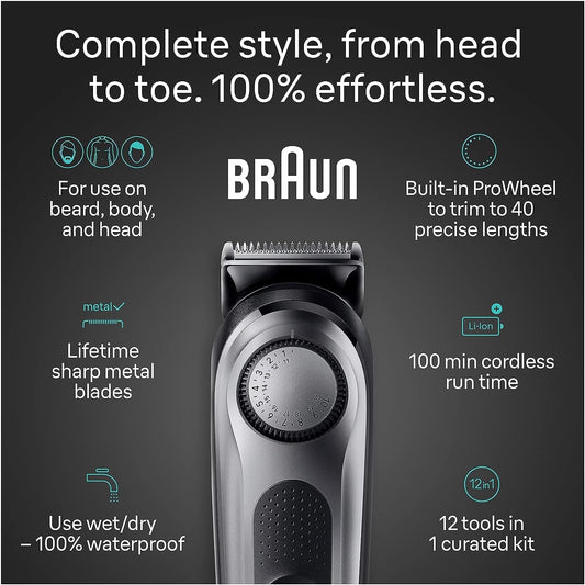 Braun All-In-One Style Kit Series 7 7440, 12-In-1 Trimmer For Men With Beard Trimmer, Body Trimmer For Manscaping, Hair Clippers & More, Braun’S Sharpest Blade, 40 Length Settings, Waterproof