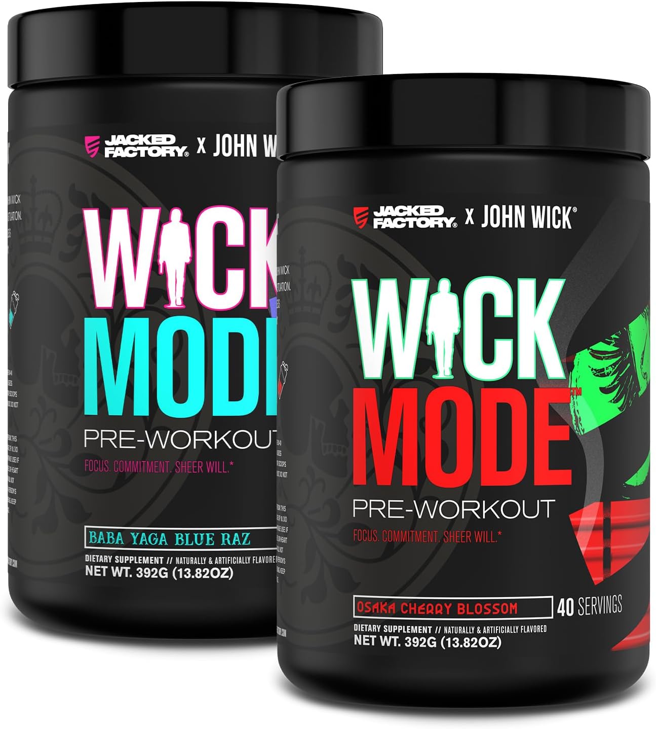 Jacked Factory X John Wick - Wick Mode Pre Workout Powder - Intense Energy, Battle-Ready Focus, Unstoppable Commitment, And Sheer Will - Baba Yaga Blue Raz & Osaka Cherry Blossom (80 Servings)