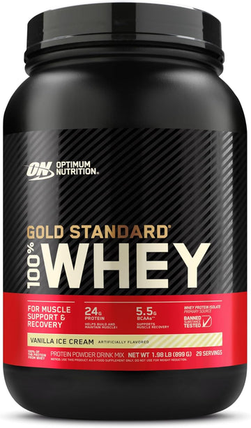 Optimum Nutrition Gold Standard 100% Whey Protein Powder, Vanilla Ice Cream, 2 Pound (Pack Of 1) (Packaging May Vary)