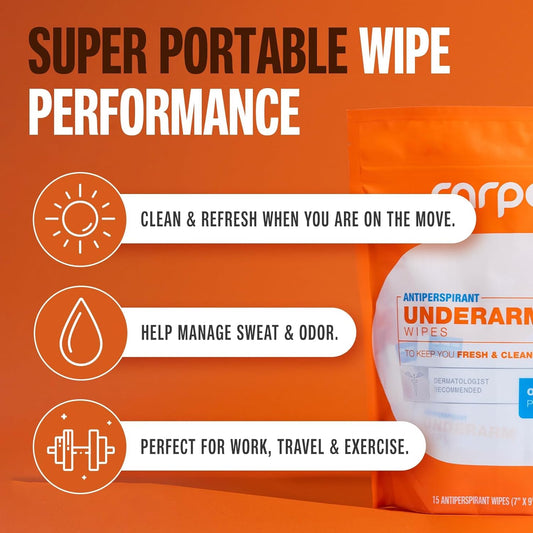 Carpe Antiperspirant Underarm Wipes For Sweat Blocking, Deodorizing, And Cleansing When You’Re On The Move - 15 Residue Free, Individually Wrapped Wipes - Clean And Refreshing Scent