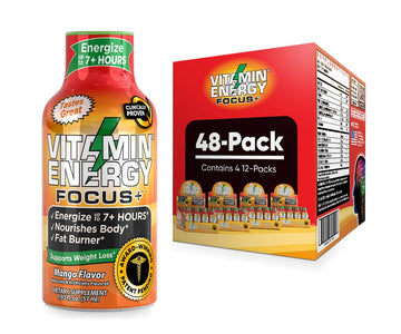 Vitamin Energy Focus+ Shots | Natural Healthy Energy & Focus Drink | Sugar-Free Carb-Free Supplement | Vitamins B6, B12, Niacin, L-Theanine, Coq10 | Energize Up To 7+ Hrs | Mango - 1.93 Fl Oz - 48 Ct