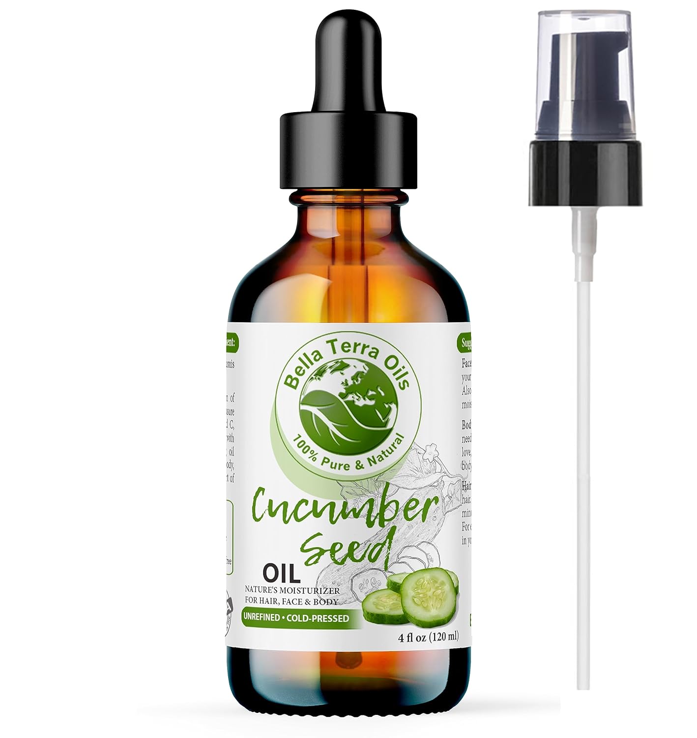 Bella Terra Oils - Cucumber Seed Oil 4oz - A Symphony of Nutrients & Essential Fatty Acids, Cucumber's Gift for Lustrous Skin Brilliance