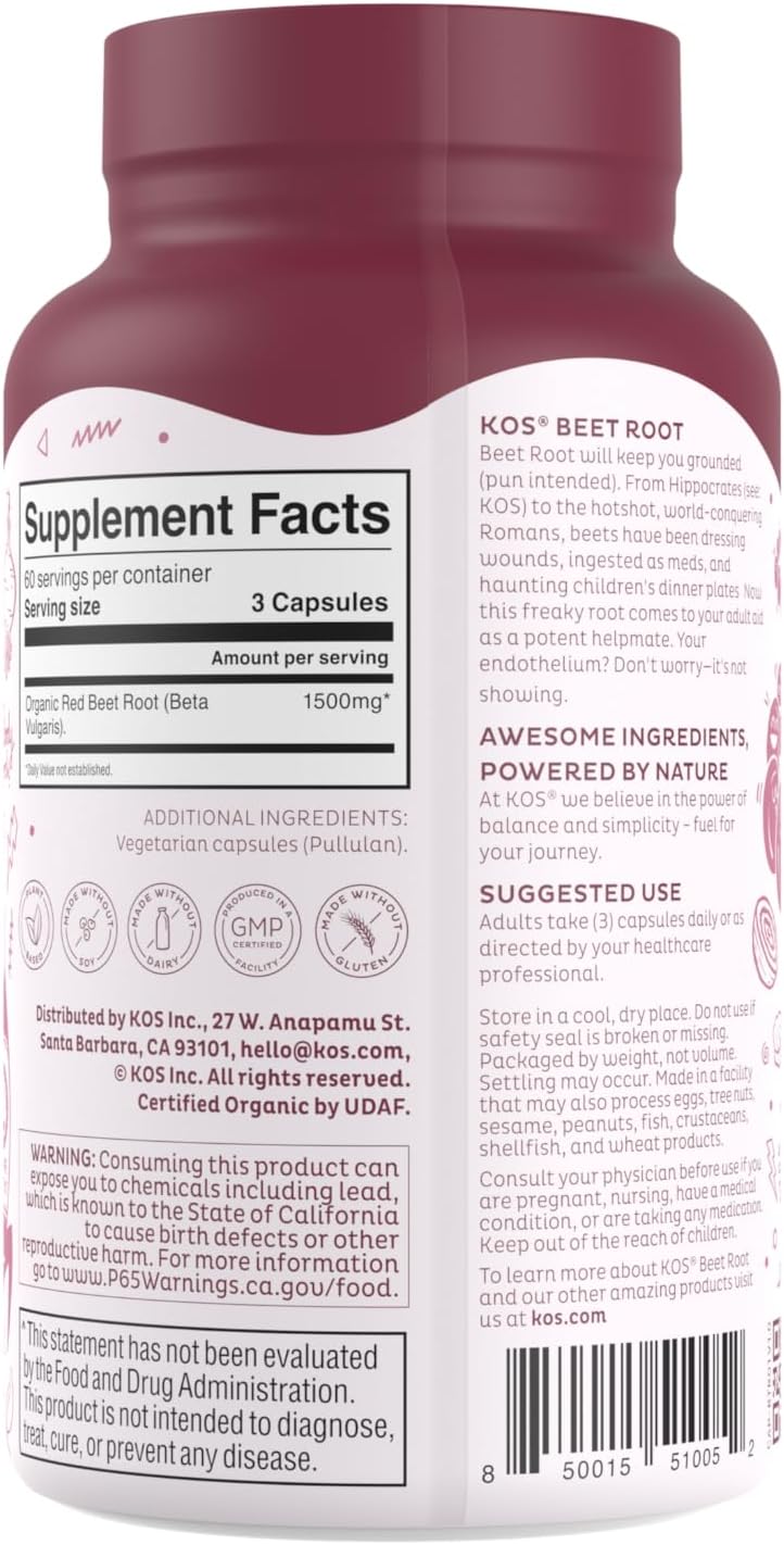 KOS Organic Beet Root Capsules 1500mg - Natural Nitric Oxide Booster Superfood Powder - Supports Healthy & Active Lifestyle - 180 Capsules : Health & Household