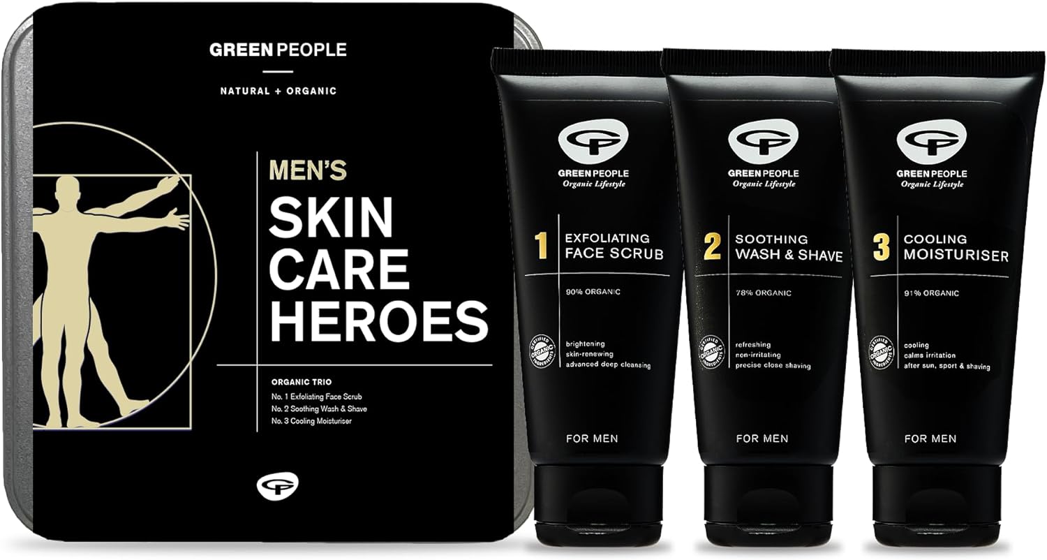 Green People For Men Skin Care Heroes - Natural & Organic Gift Set - Cooling Shaving & Grooming - Sls, Paraben & Ethanol Free - Vegan