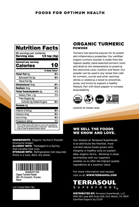 Terrasoul Superfoods Organic Turmeric Powder, 16 Oz : Curcumin - Lab Tested For Purity - Premium Quality - Great For Inflammation