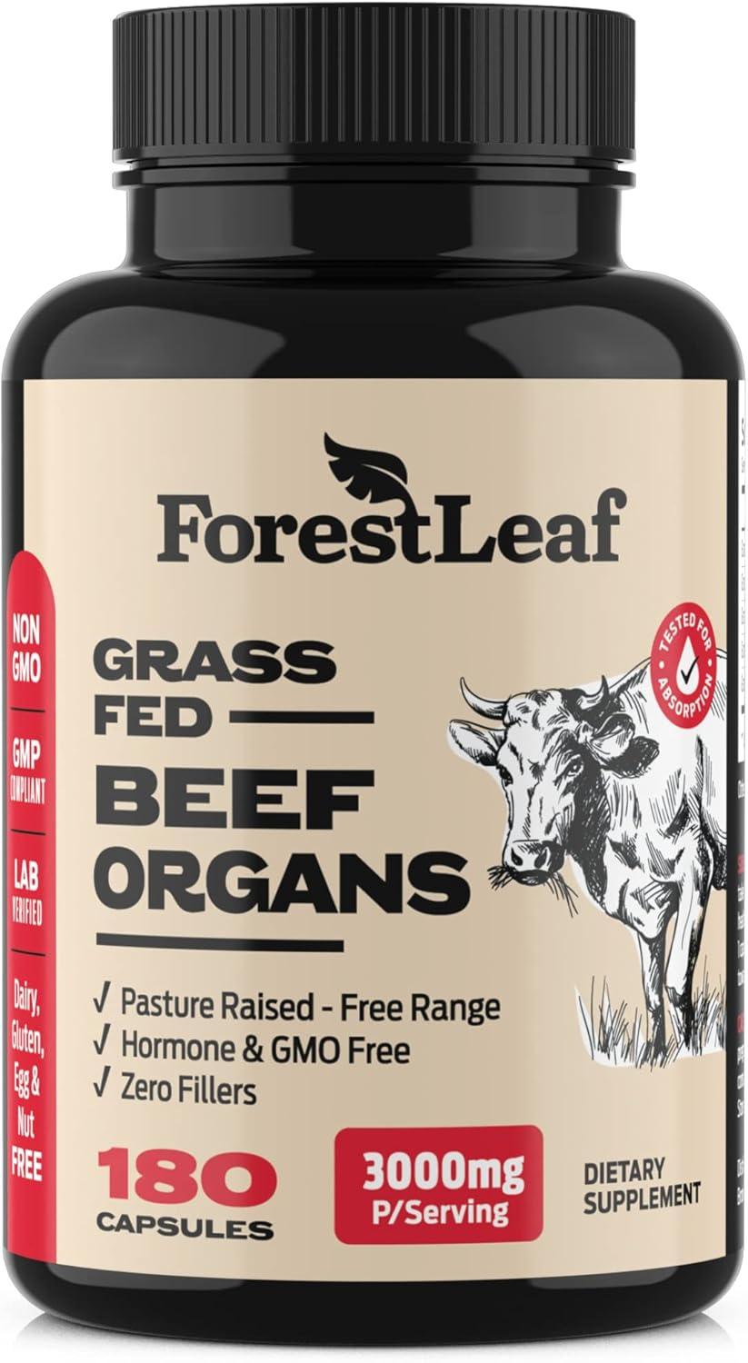 Forestleaf Beef Organ Supplement - Grass Fed & Pasture Raised - Total Body Wellness & Performance, Organ Complex With 3000Mg Of Desiccated Beef Liver, Heart, Kidney, Pancreas, Spleen (180 Capsules)