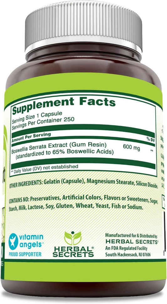 Herbal Secrets Boswellia Serrata Extract (65% Boswellic Acids) 600 Mg Capsules Supplement | Non-Gmo | Gluten Free