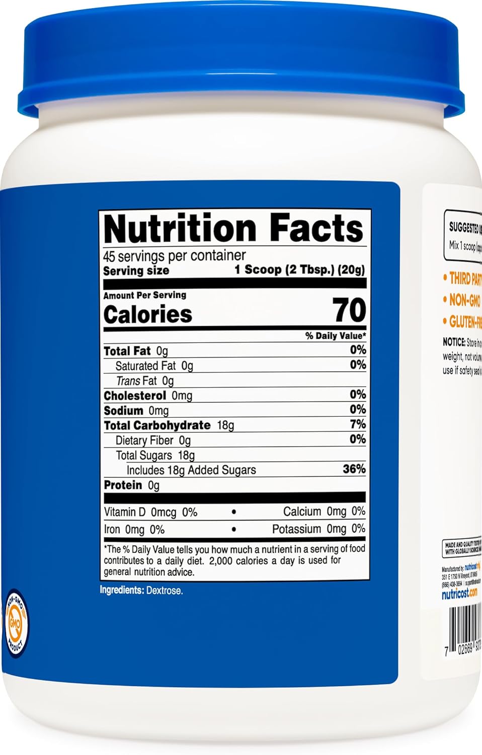 Nutricost Dextrose Powder 2 LBS - Non-GMO, Gluten Free45 Servings (Pac