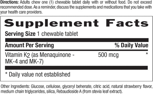 Country Life Certified Chewable Vegan K2, Supports Bone Health, 500Mcg, 60 Chewable Tablets, Certified Gluten Free, Certified Vegan