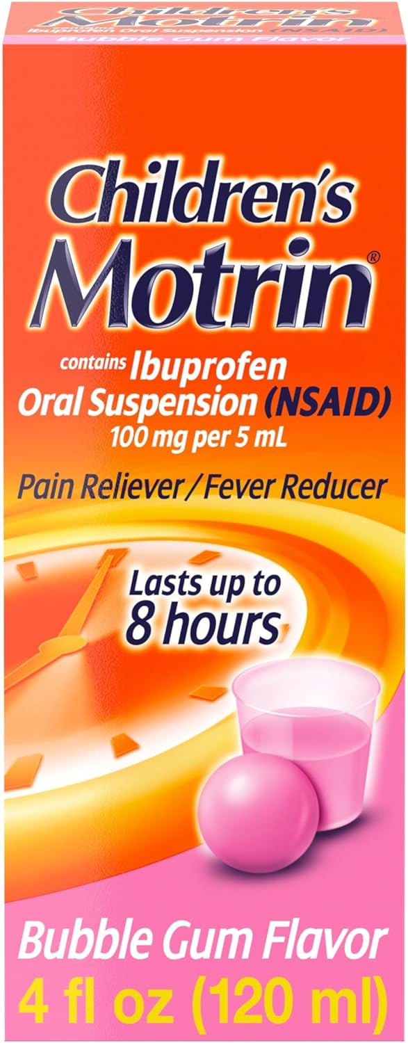 Motrin Children's Oral Suspension Medicine, 100 mg Ibuprofen, Kids Fever Reducer & Pain Reliever for Minor Aches & Pains Due to Cold & Flu, Alcohol-Free, Bubble Gum Flavored, 4 fl. oz