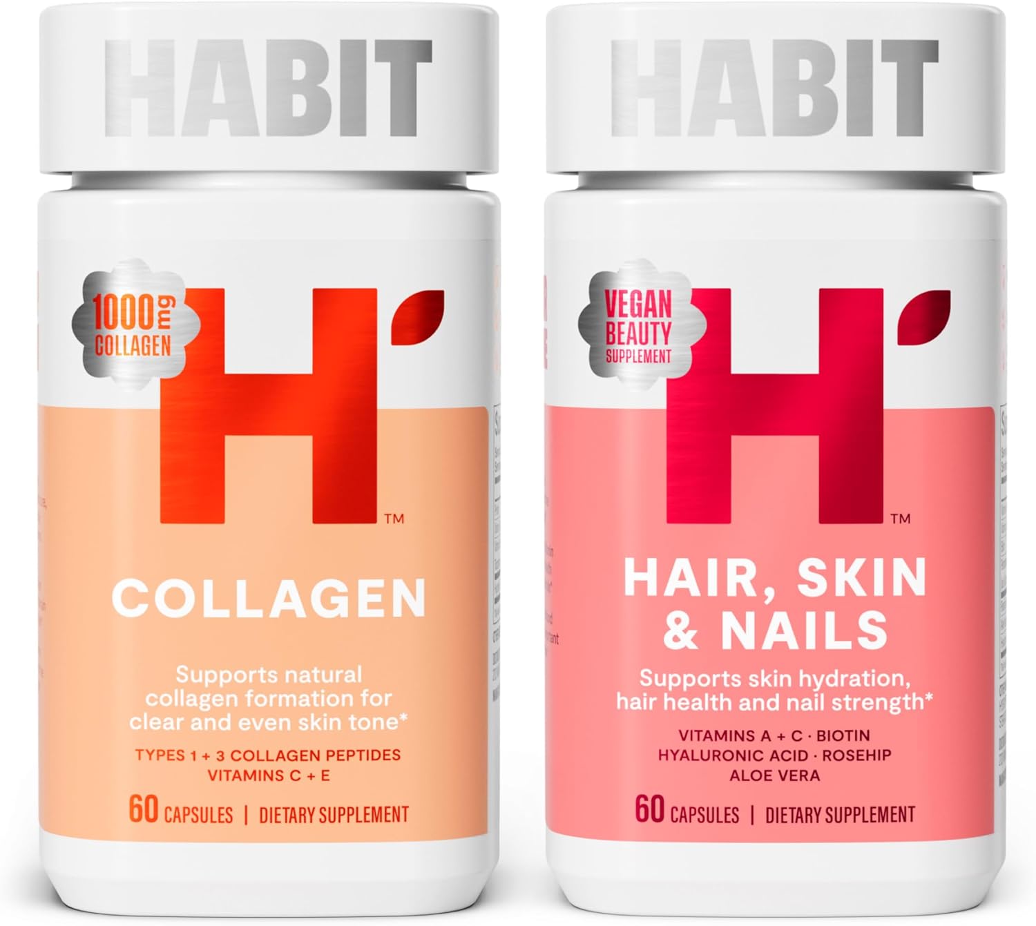 Habit Inner Beauty Bundle - Collagen (60 Capsules) + Hair Skin & Nails (60 Capsules), Supports Skin Hydration & Integrity, Hair & Nail Strength, Non Gmo