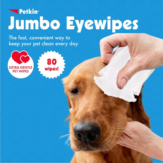 Petkin Jumbo Pet Eye Wipes, 80 Extra Moist Wipes - Gentle Eye Cleansing Wipes Remove Dirt, Discharge, & Tear Stains - Safe, Convenient, & Easy to Use Pet Wipes for Dogs, Cats, Puppies & Kittens