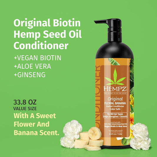 Hempz Biotin Conditioner - Original Light Floral & Banana - For Growth & Strengthening Of Dry, Damaged And Color Treated Hair, Hydrating, Softening, Moisturizing 33.8 Fl Oz