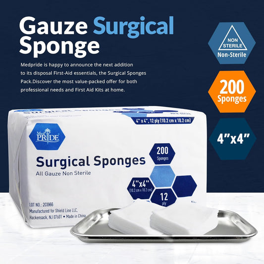 Med Pride 4”X 4” Gauze, 200 Surgical Sponges 12-Ply Extra Absorbent | All-Gauze, Non-Sterile| Great For Wound Dressing, Prepping, Scrubbing & Cleaning| Essential First-Aid