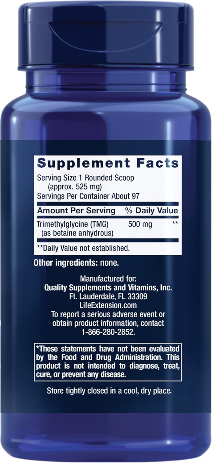 Life Extension TMG Powder 500 mg - Betaine Anhydrous Trimethylglycine Supplement For Healthy Homocysteine Levels and Heart Health Support - Non-GMO, Vegetarian, Gluten-Free - 50 g