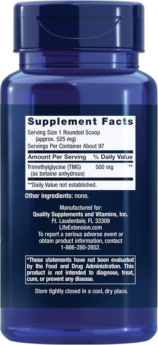 Life Extension TMG Powder 500 mg - Betaine Anhydrous Trimethylglycine Supplement For Healthy Homocysteine Levels and Heart Health Support - Non-GMO, Vegetarian, Gluten-Free - 50 g